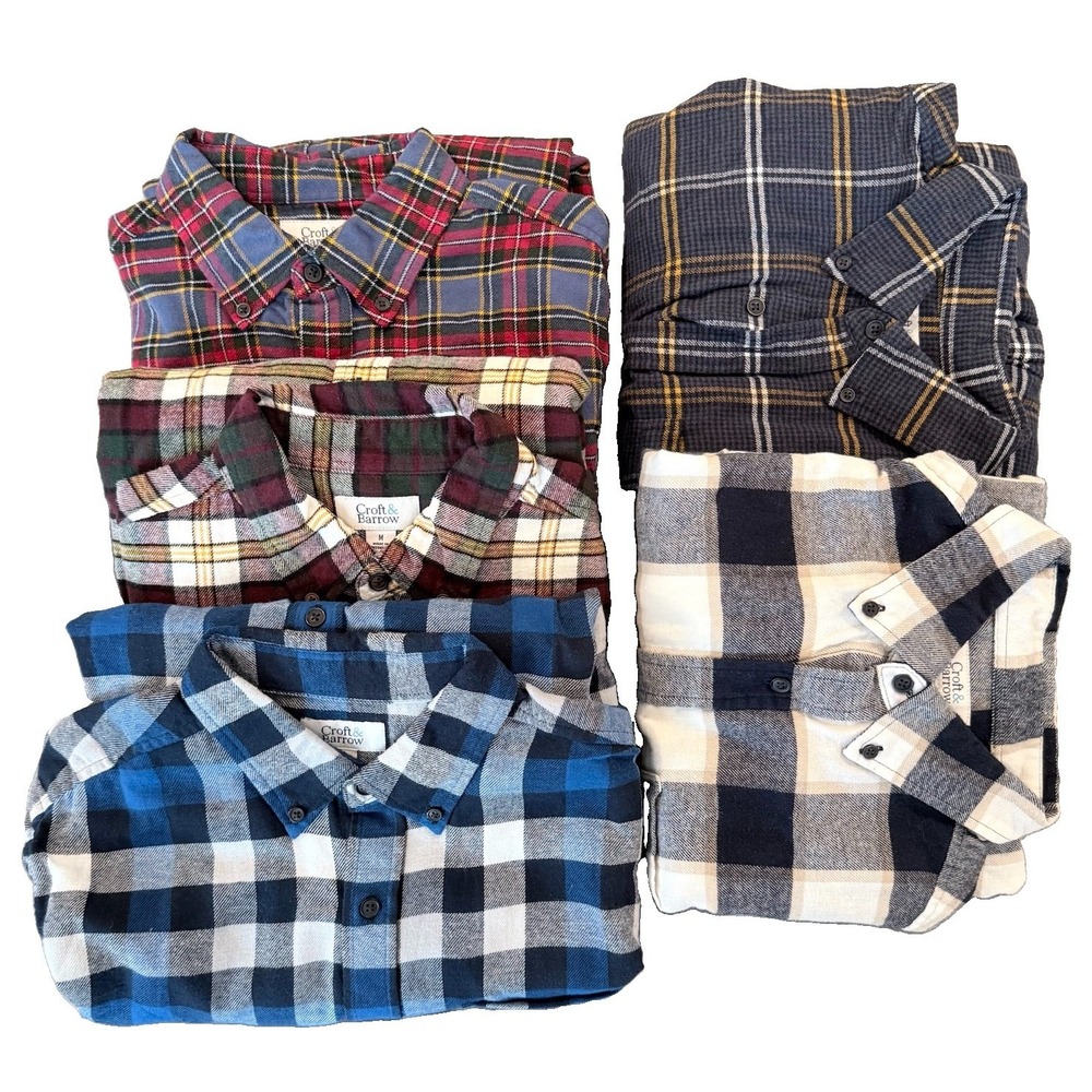 Lot 5 Mens Croft Barrow Medium M Flannel Shirts Plaid Button Down Cotton L/S